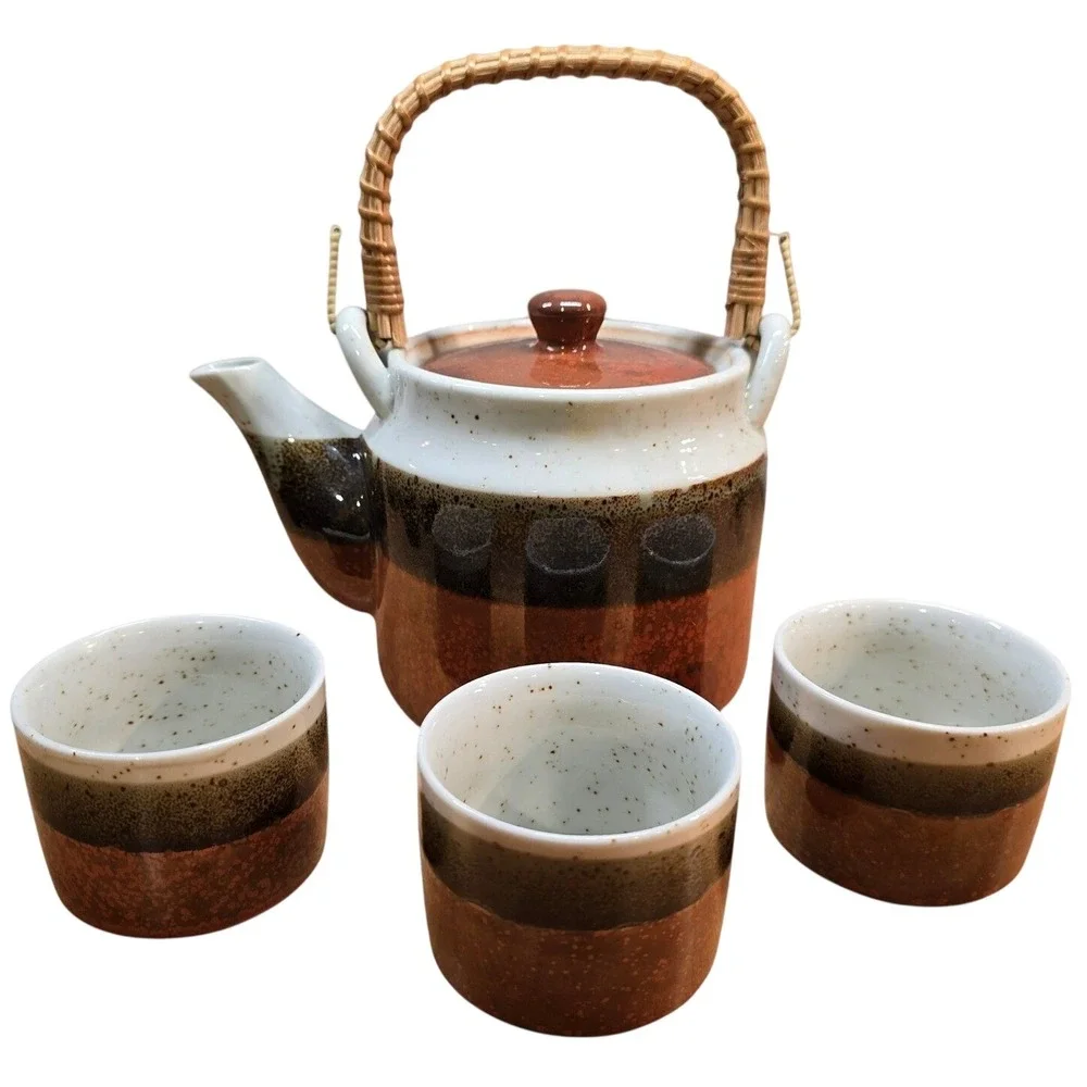 Sake Set Teapot, 3 mugs. Ceramic‎ with wicker handle Earthenware Browns Glaze